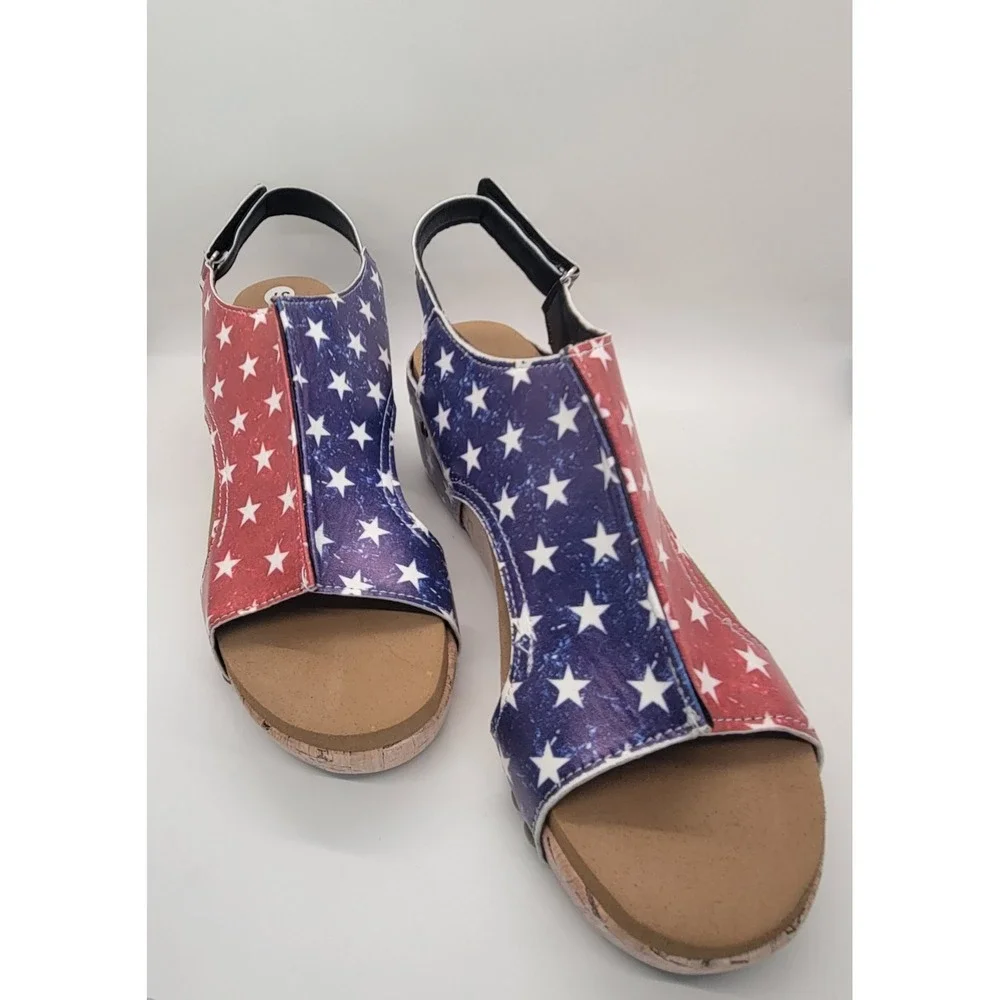 Women's American Flag Wedge Sandals EU 37 US 6 Patriotic Cork Platform Slingback